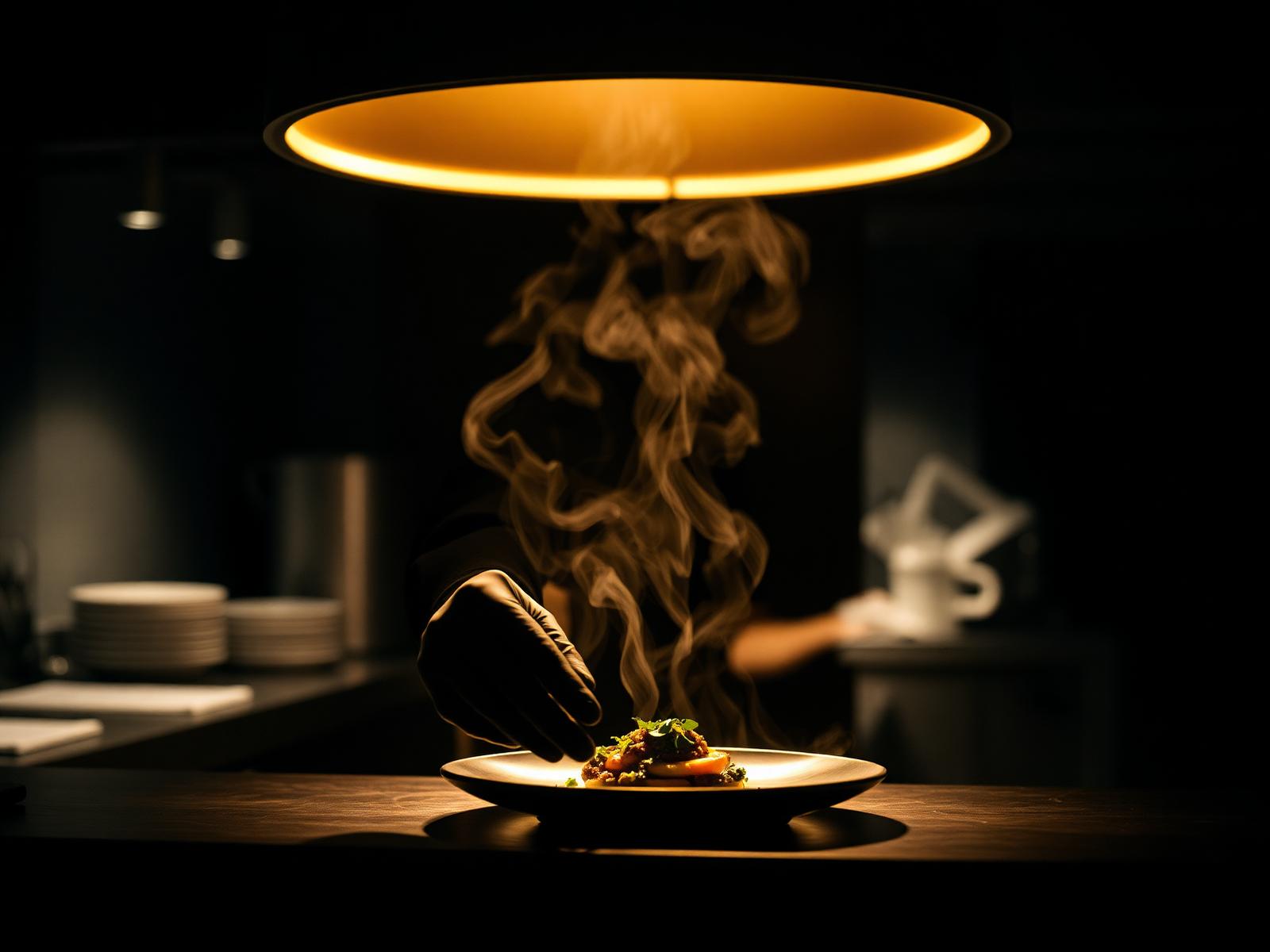 Chef plating a refined dish in a professional kitchen